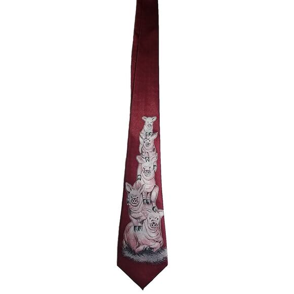 Vintage Designs By A. Rogers Men's Red Playful Pigs Neck Tie - Picture 1 of 4